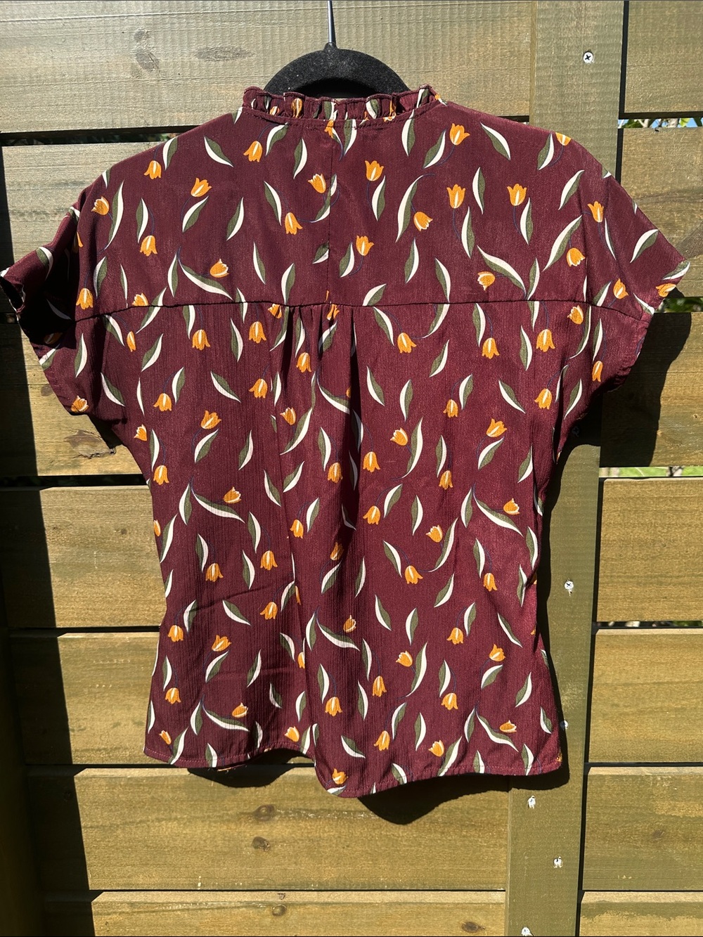 Unique Vintage Burgundy Tulip Ruffle V-Neck Blouse - Picture 4 of 5